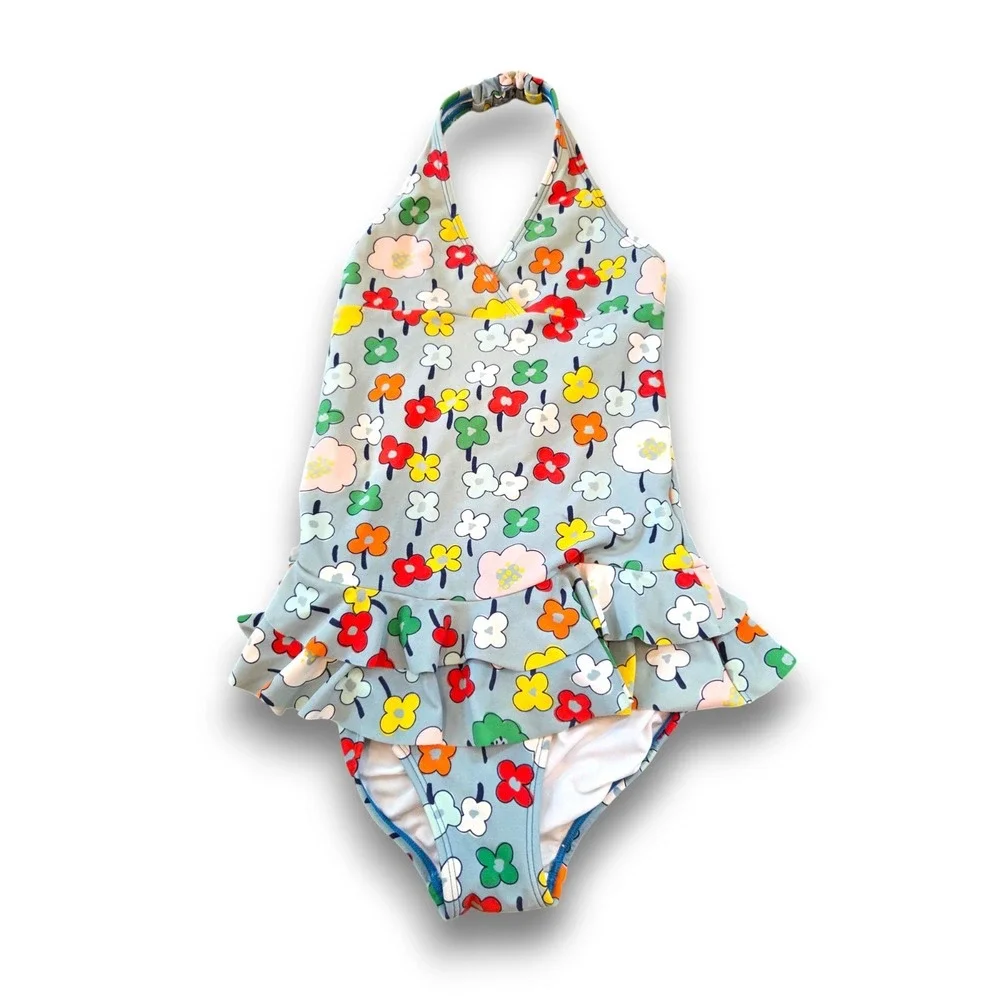 Hanna Andersson Ruffled Blue Floral One Piece Swimsuit Girls 140 US 10